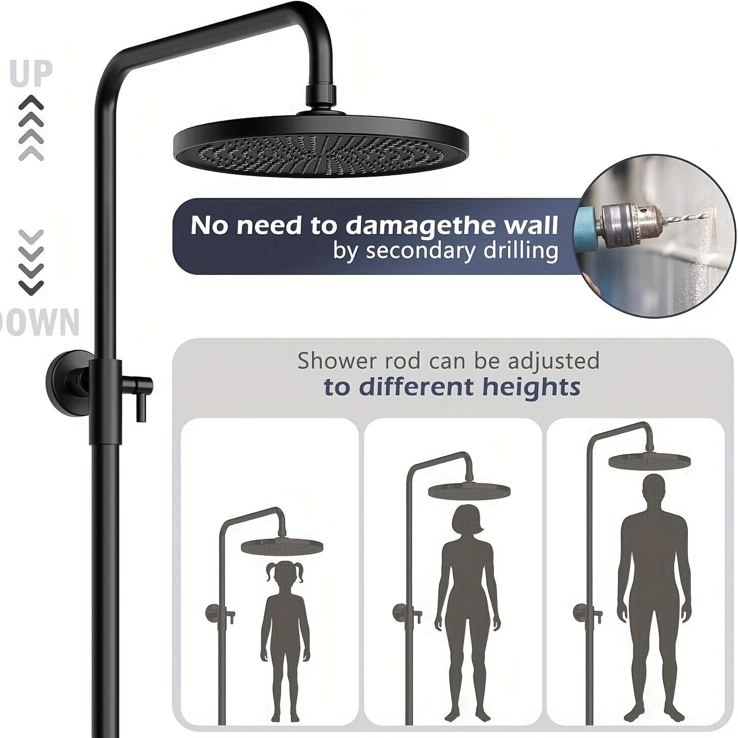 Handdouche – Douchekop – Handdouchekop – Regendouche – Doucheset – 3 Spuitstanden – 25 cm Doucheoppervlak – Verstelbare Slang 98-130 cm – Geïntegreerd Opbergrek – Zwart Goud