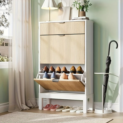 Shoe Storage Cabinet with 2 Flip Drawers And A Drawer, Entryway Cabinet with Adjustable Shelves, Can Accommodate 12 to 20, Space-Saving Narrow Shoe Rack for Entryway, Hallway, Front Door