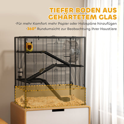 Dwerg Hamsterkooi – Hamsterkooi – knaagdierkooi – kleine huisdierenkooi – speelgoedkooi – Zwart – Gehard Glas Bodem – 4 Niveaus Met Looprad