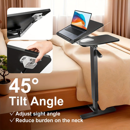 Mobiele Bedtafel – Laptoptafel – Verstelbaar Bureau – Sta Zit Werkplek – Draaibaar Laptophouder – Zwartwalnoot – Pneumatische Hoogteverstelling 80-116 cm – Ergonomisch Compact Opvouwbaar Bureau