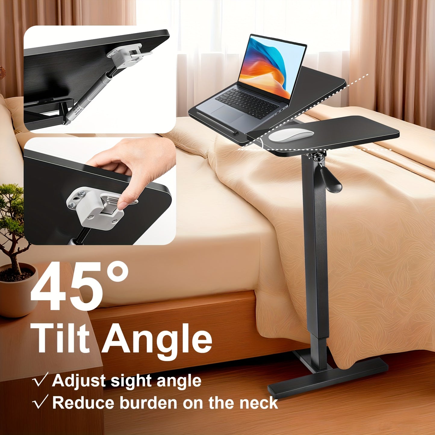 Mobiele Bedtafel – Verstelbaar Laptop Tafeltje – Hydraulische Laptopstandaard – Draaibare Laptopsteun – Ergonomisch Zit-Sta Bureau – Hoogte 80-116 cm – Anti-slip Rand – Compact Opvouwbaar