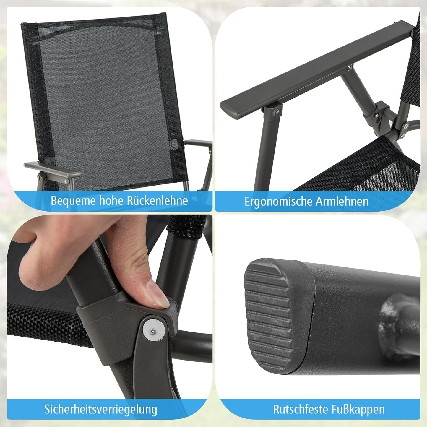 Tuinstoelen – Balkonstoelen – Terrasstoelen – Klapstoelen – Loungestoelen – Weerbestendig Stof – Maximaal 150 kg Draaggewicht – Set van 4 Zwarte Stoelen
