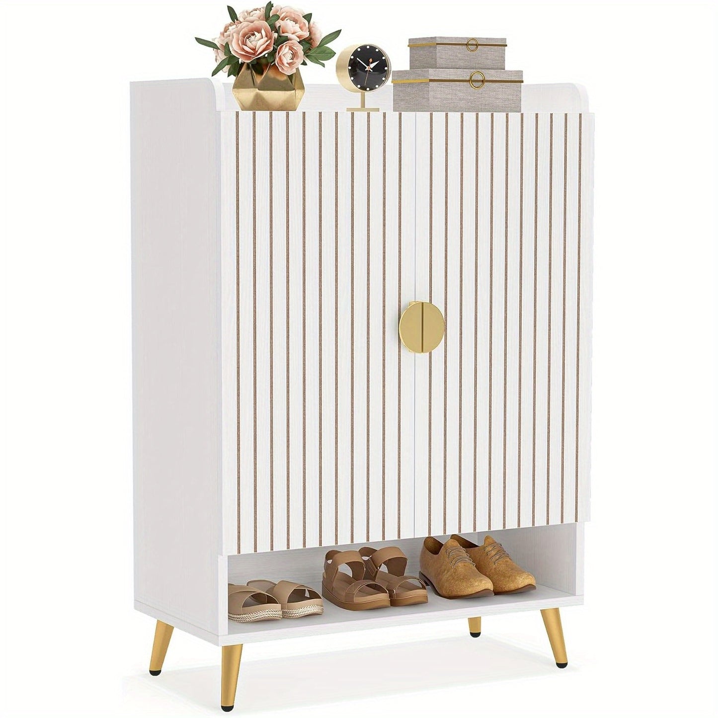 Schoenenkast – Schoenenrek – Schoenopberger – Schoenenkast – Schoenmeubel – 6-laags met Verstelbare Planken – Wit MDF met Gouden Accenten