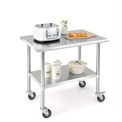 RVS Werkbank – Werktafel – Werkblad – Werkbank Met Wielen – RVS Tafel – Extra Groot 61x91cm – Verstelbaar Onderblad – Zwaar Belastingvermogen – Vergrendelbare Zwenkwielen