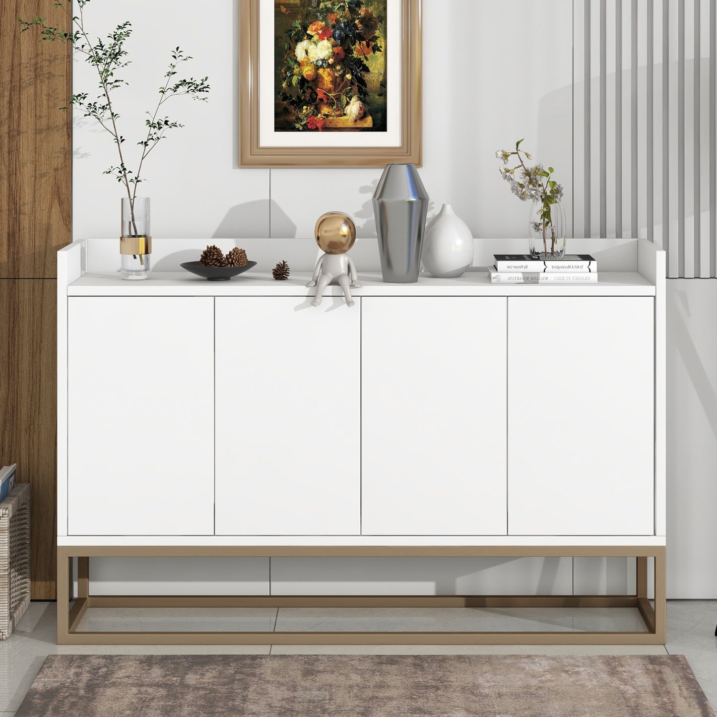 Wit Dressoir – Sideboard – Opbergkast – Buffetkast – Kast – 4-Deurs Handenvrij Design – Verstelbare Legplanken & Metalen Poten – 120x30x80 cm