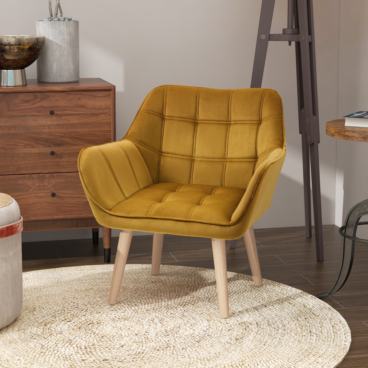 Fauteuil – Accentstoel – Scandinavische Stoel – Loungestoel – Armstoel – Fluweelstof – Rubberhout Poten – Geschikt Tot 120 Kg – Geel