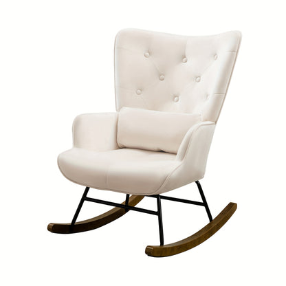 Retro Fauteuil – Relaxstoel – Leunstoel – Lounge Stoel – Armstoel – Beige Velvet Bekleding – Stevig Houten Frame