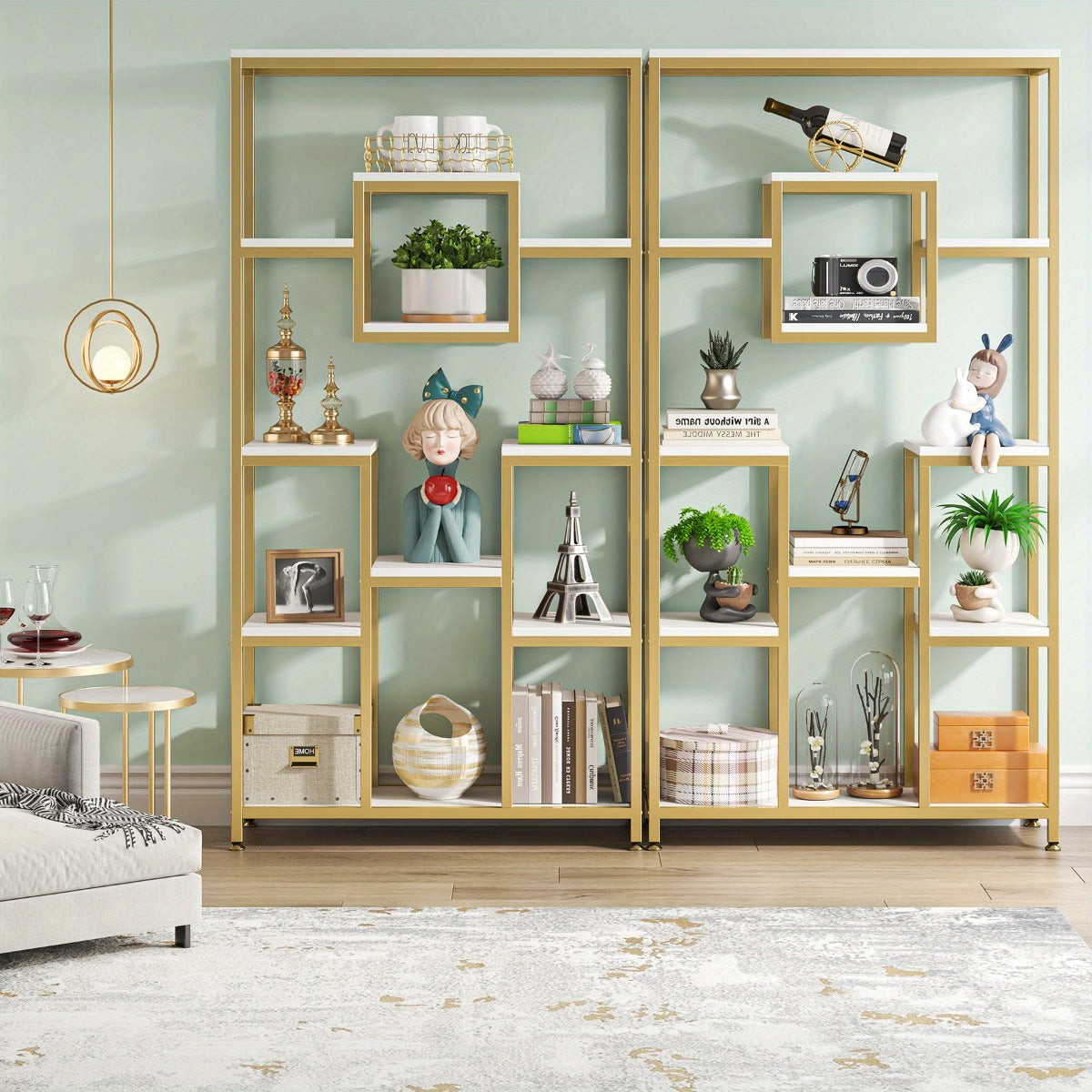 Golden & White 180.34cm Modern Tall Bookshelf - 11-Tier Large Heavy-Duty Bookcase with Geometric Cubed Design, Freestanding Open Shelving Unit, Sturdy Engineered Wood Construction, 68.58cm+ Height & 22.68 KG/Shelf Capacity, S