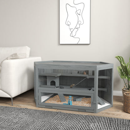 Hamsterkooi – Knaagdierkooi – Hamsterbench – Dierenkooi – Knaagdierverblijf – 3-laags Indeling – Uitneembare Bodemlade – Grijs Hout/Metaal – 115x60x55 cm
