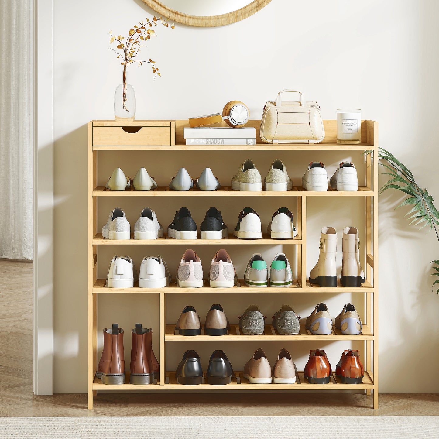 Schoenenkast – Schoenenrek – Schoenopberger – Schoenenschuifkast – Schoenmeubel – Bamboe Met Lade – Ruimte Voor 18 Paar Schoenen – Compact 101x30x100 cm