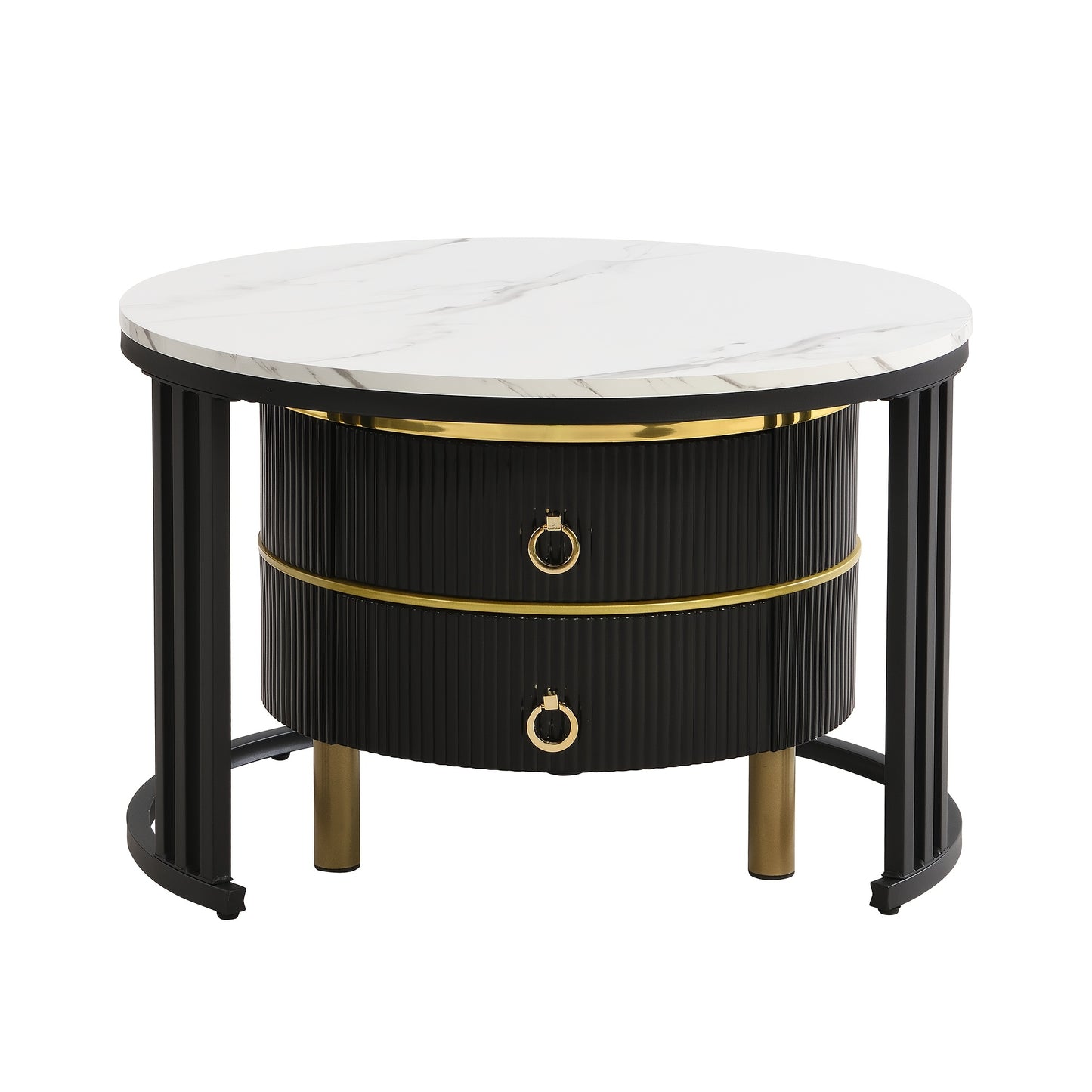 Modern Round Coffee Table Set with Glossy MDF Top & White Marble-like Surface - 2-in-1 Design with Storage Drawers, Space-Saving Living Room Furniture, Easy Assembly, Durable Metal Frame, Contemporary Style, Fits Small Spaces
