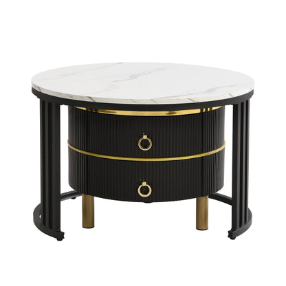 Modern Round Coffee Table Set with Glossy MDF Top & White Marble-like Surface - 2-in-1 Design with Storage Drawers, Space-Saving Living Room Furniture, Easy Assembly, Durable Metal Frame, Contemporary Style, Fits Small Spaces