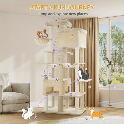 Krabpaal – Kattenkrabpaal – Kattenboom – Krabmeubel – Kattenhuis – XXL 200 cm Hoog – 10 Sisal Krabpalen & 2 Hangmatten
