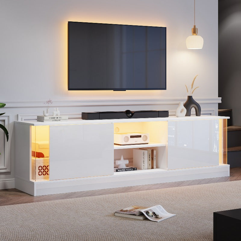 Moderne Witte High-Gloss Tv-Meubel – Rustieke Tv-Stand – Tv-Meubel Met Opbergruimte – Tv-Kast Voor Woonkamer – Tv-Tafel Voor Slaapkamer – Duurzaam Metalen Frame – Kabelmanagement Systeem