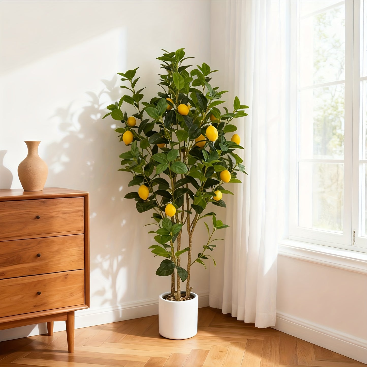Kunstlemonboom – Nep Citroenboom – Kunstcitroenboom – Kunstplant – Kunstbomen – Set van 2 – 122 cm Hoog – Inclusief Witte Potten