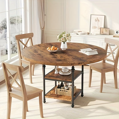 Ronde Eettafel – Ronde Tafel – Dining Table – Eetkamertafel – Keukentafel – Met Opbergplank – Massief Houten Blad – Gouden Metalen Poten – 119 cm – Geschikt voor 4-6 Personen