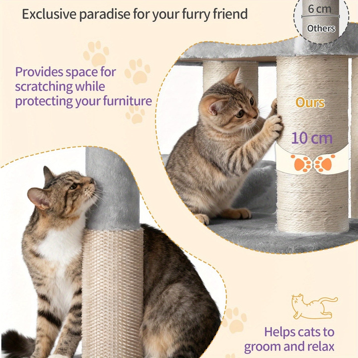 Kattentoren – Krabpaal – Klimpaal – Kattenhuis – Kattenmeubel – Lichtgrijs Beige – 163 cm Hoog – 10 cm Dikke Sisal Krabpalen