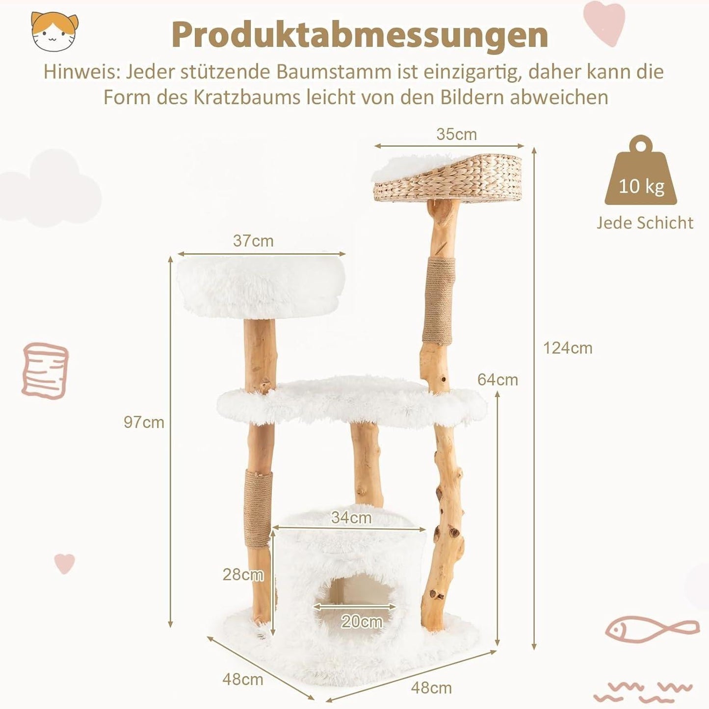 Krabpaal Kat – Krabpaal Met Hol, Krabboom, Kattenpaal, Klimmeubel – 124 cm Hout Wit – Jute Kraboppervlak & Zachte Pluche Zitplaatsen