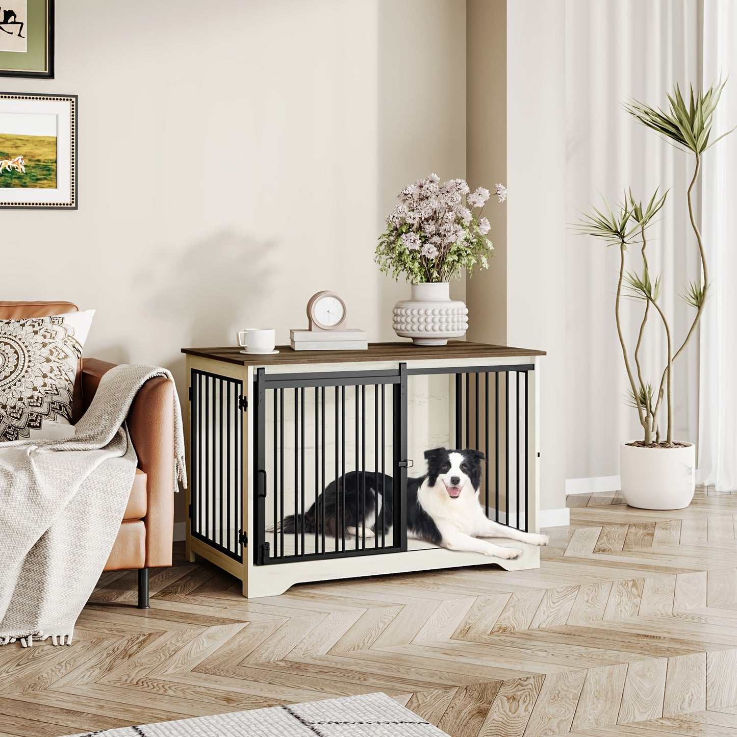 Hondenbench – Hondenkooi – Hondenhok – Hondenrek – Dierenbench – Wit Bruin – Duurzaam Hout & Staal – Heavy-Duty Anti-Kauw & Tweedelige Schuifdeuren – 60x100x68 cm