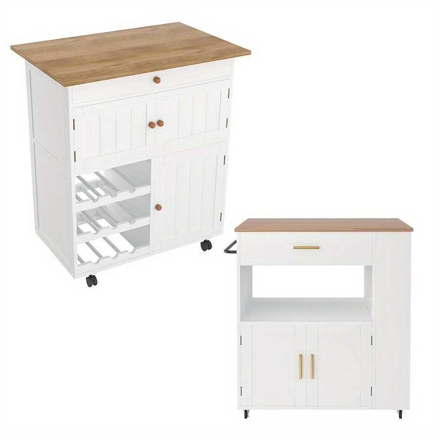 Kitchen Trolley on Wheels with Bottle Rack, Side Shelves And Cabinet with Soft-Close Hinges, Kitchen Cabinet with Towel Rack And Rubberwood Top