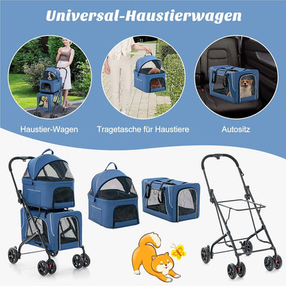 Hondenbuggy – Huisdierenwagen – Wandelwagen – Dierenbuggy – Transportbox – 3-in-1 Opvouwbaar – Oxford Stof & Metaal – Tot 16 kg – Ventilatie Gaasvensters & Opbergvakken – Blauw