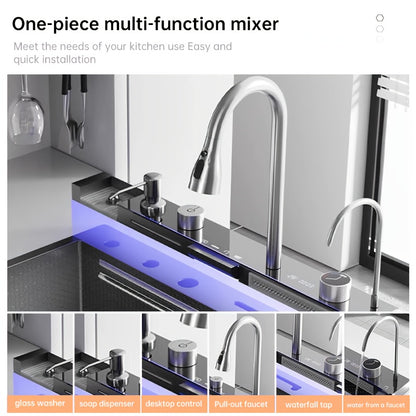 Large Freestanding Restaurant Sink with Rain Shower & Waterfall Faucet - Single-Basin Heavy-Duty 201 Stainless, Easy Install Outdoor/ Sink Suitable for Bars, Kitchens, Restaurants (74.93×44.96 cm)