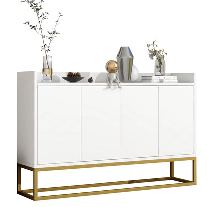 Modern Minimalist Four-Door Handleless Dining Cabinet - Metal Frame with Golden Legs, White Finish for Kitchen, Living Room & Dining Room Storage