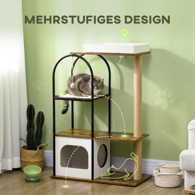 4-in-1 Modern Tree Tower with Sisal Scratching Post, Multi-Level Platforms, Play Ball Run, Spring-Loaded Activity Center, Sturdy Oak Construction & White/Black Design - 80x40x118.5cm Tall Climbing Frame with Hanging Bed, Spac
