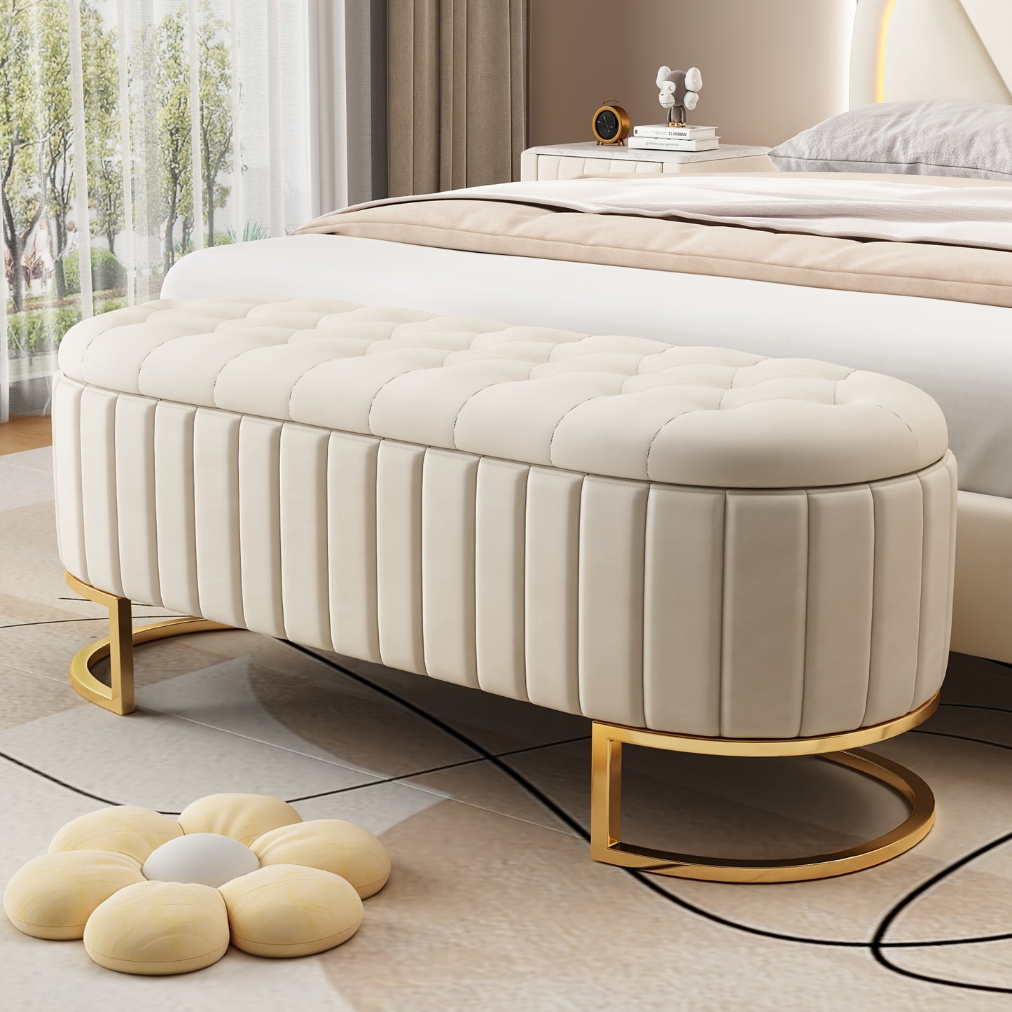 Poef – Hocker – Zitzak – Voetenbank – Opbergpoef – Lichtbruin – Met Opbergruimte Onder Zitvlak – Comfortabele Velours Bekleding 120x40 cm