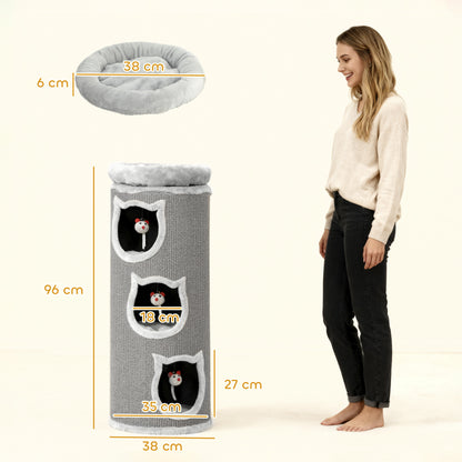 Kattenkrabpaal – Krabpaal – Kattenboom – Kattenhuis – Kattenmeubel – Grijs – 96 cm Hoog – 3 Holletjes Met Wasbaar Bed
