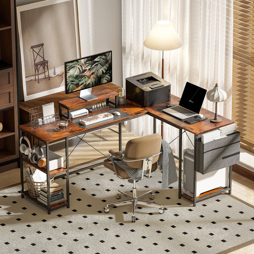 Hoekbureau – L-Vormig Bureau – Werkplek Bureau – Gamingbureau – Bureau Met Opbergruimte – Rustieke Bruine Houtlook – Verstelbare Werkbladlengte Tot 240 cm – Ergonomische Monitorstandaard Voor Schermen Tot 42 Inch