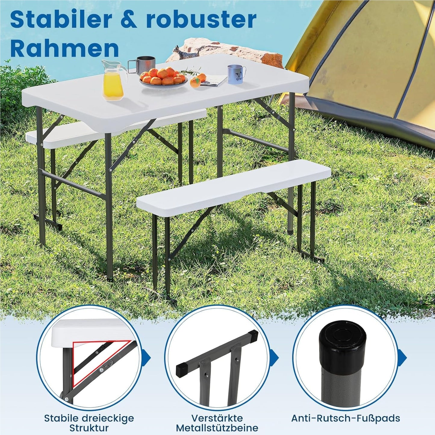 Inklapbare Biertafelset – Biertafel – Bierbank – Picknicktafel – Tenttafel – Compact – Weerbestendig HDPE – 108 cm – Met 2 Banken