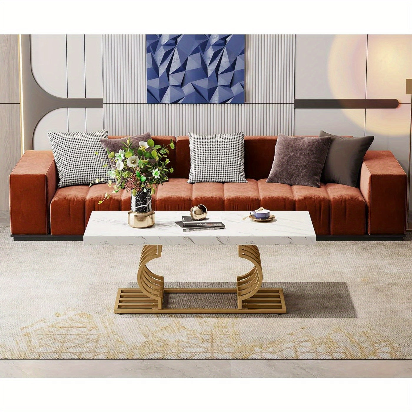 Salontafel – Koffietafel – Bijzettafel – Woonkamertafel – Lounge tafel – Wit & Gouden Design – Extra Lang 120 cm – MDF Tafelblad Met Faux Marmer Laminaat