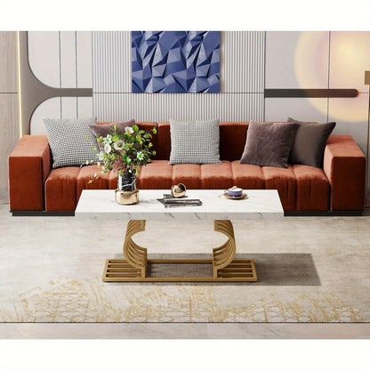 Salontafel – Koffietafel – Bijzettafel – Woonkamertafel – Lounge tafel – Wit & Gouden Design – Extra Lang 120 cm – MDF Tafelblad Met Faux Marmer Laminaat