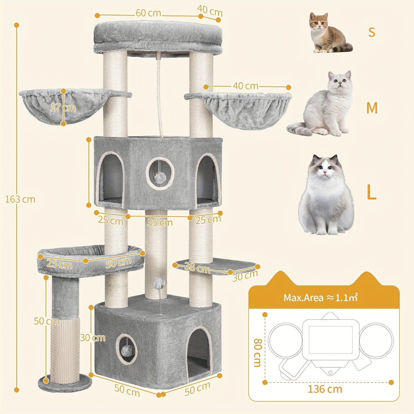 for large Cat Tree Tower for Indoor Cats - Multi-Level Cat Activity Center with Scratching Post, 3 Perches, 2 Caves, Lookout Deck & Pompom - Sturdy Cat House Furniture with Soft Cushioned Platforms, Dangling & Hanging Platfor - QUORE