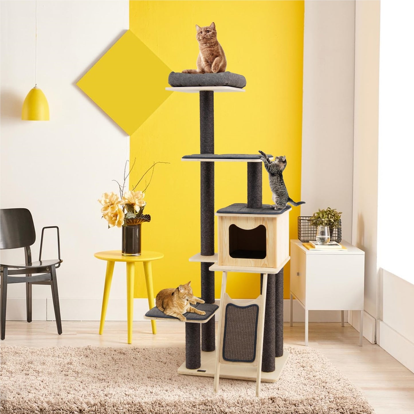 Krabpaal – Krabboom – Kattenboom – Klimpaal – Activiteitentoren – 6-laags Houten Krabpaal Met Sisal – Met Kattenhol En Zacht Kussen – Stabiele, Hoge Klimtoren 175 cm – Grijs-Beige