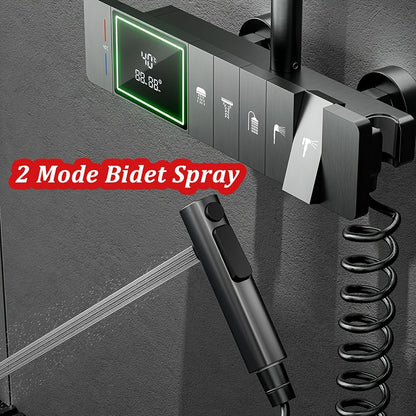 Douchekop – Handdouche – Regendouche – Digitale Douche – Doucheset – 5 Waterstraalstanden – Hydroelectrische Stroomvoorziening – Koper – Ambient Verlichting – Groot Display – Donkergrijs
