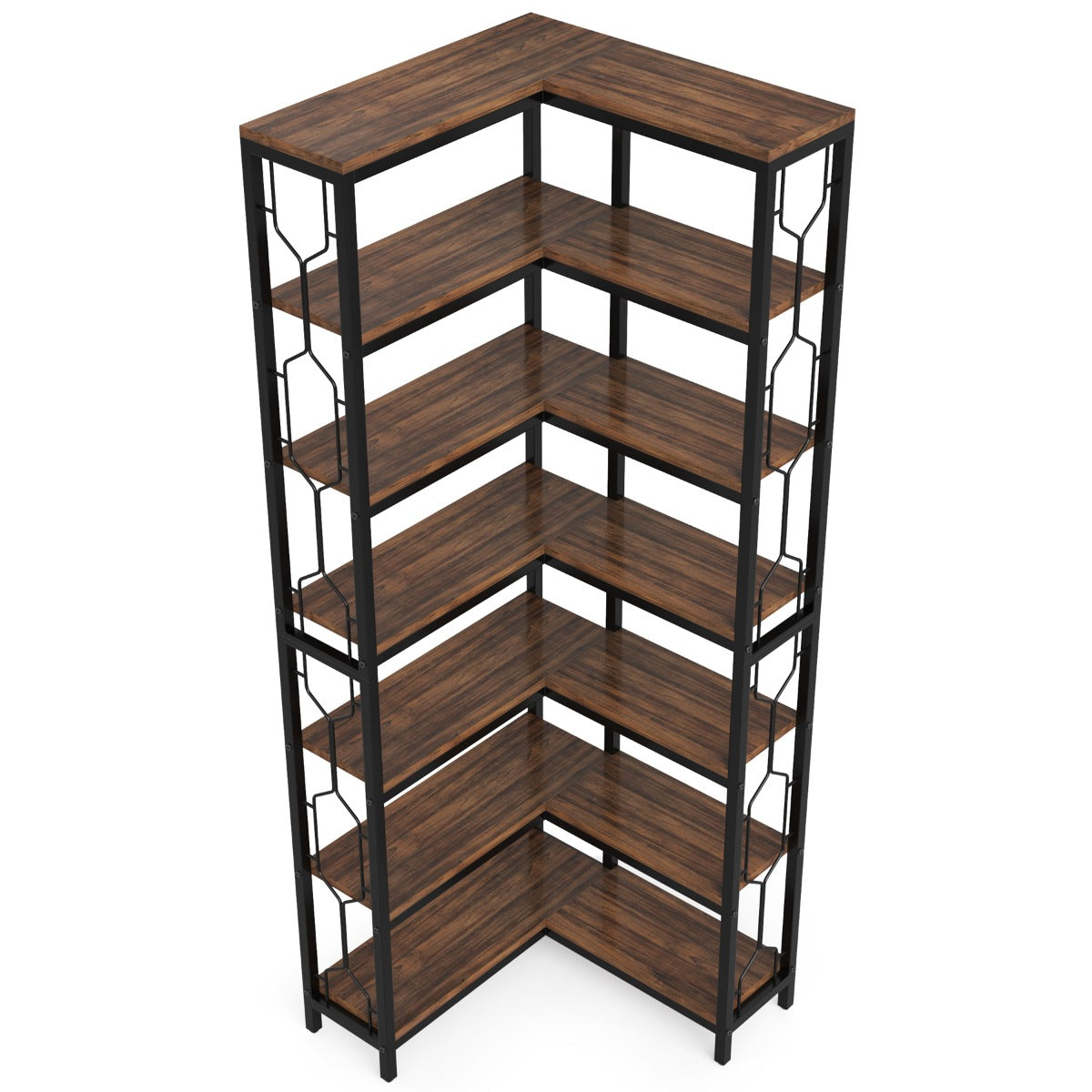 Hoekplank – Hoekrek – Boekenkast – Wandplank – Opbergkast – 7 Schappen – Hardhouten Frame Met Metalen Accenten – Eenvoudige Montage