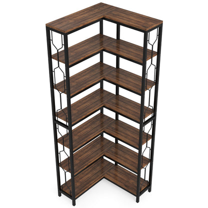 Hoekplank – Hoekrek – Boekenkast – Wandplank – Opbergkast – 7 Schappen – Hardhouten Frame Met Metalen Accenten – Eenvoudige Montage