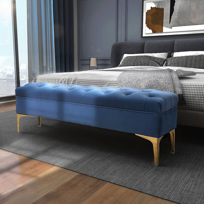Opgevulde Opbergbank – Slaapkamerbank – Poef – Bedbank – Zitbank – Blauw Fluwelen Bekleding – Gouden Metalen Poten – Compact 118x45x42 cm – Hoog Comfort