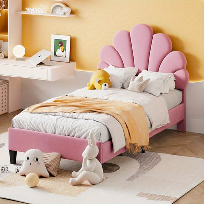Meisjesbed 90x200 cm – Jongensbed – Kinderbed – Teenbed – Logeerbed – Roze Fluweel Gevoerd – Bloemvormige Rugleuning – Lattenbodem