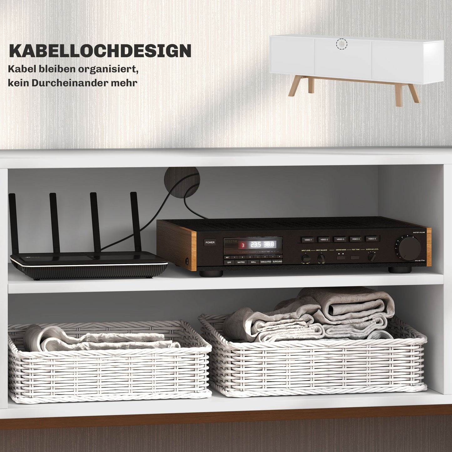 tv meubel – tv kast – tv dressoir – lowboard – mediameubel – wit – 150x39x50 cm – spaanplaat met houten poten