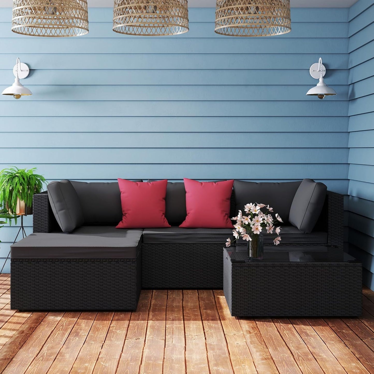 Loungebank – Loungeset – Tuinbank – Balkonbank – Tuinmeubelset – 3-zits Sofa – PVC Rattan – Met Glazen Tafelblad