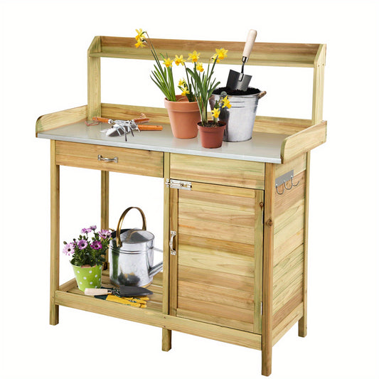 Tuinwerkbank – Oppottafel – Plantentafel – Werktafel – Tuinwerktafel – Vurenhout Met Gegalvaniseerd Metalen Werkblad – Waterbestendig En Met Opberglades