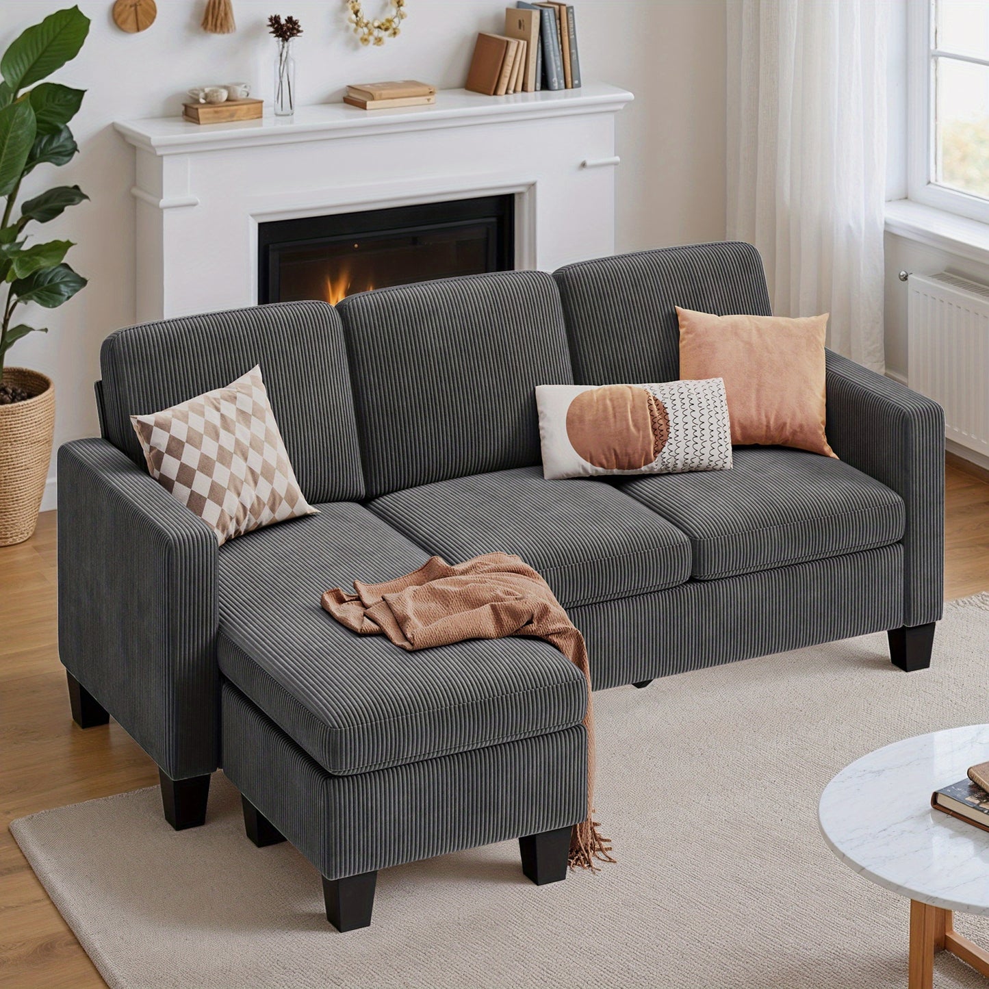 Bank – Bankstel – Hoekbank – 3-zitsbank – L-vormige Slaapbank – Hardhouten Frame – Zachte Kussens