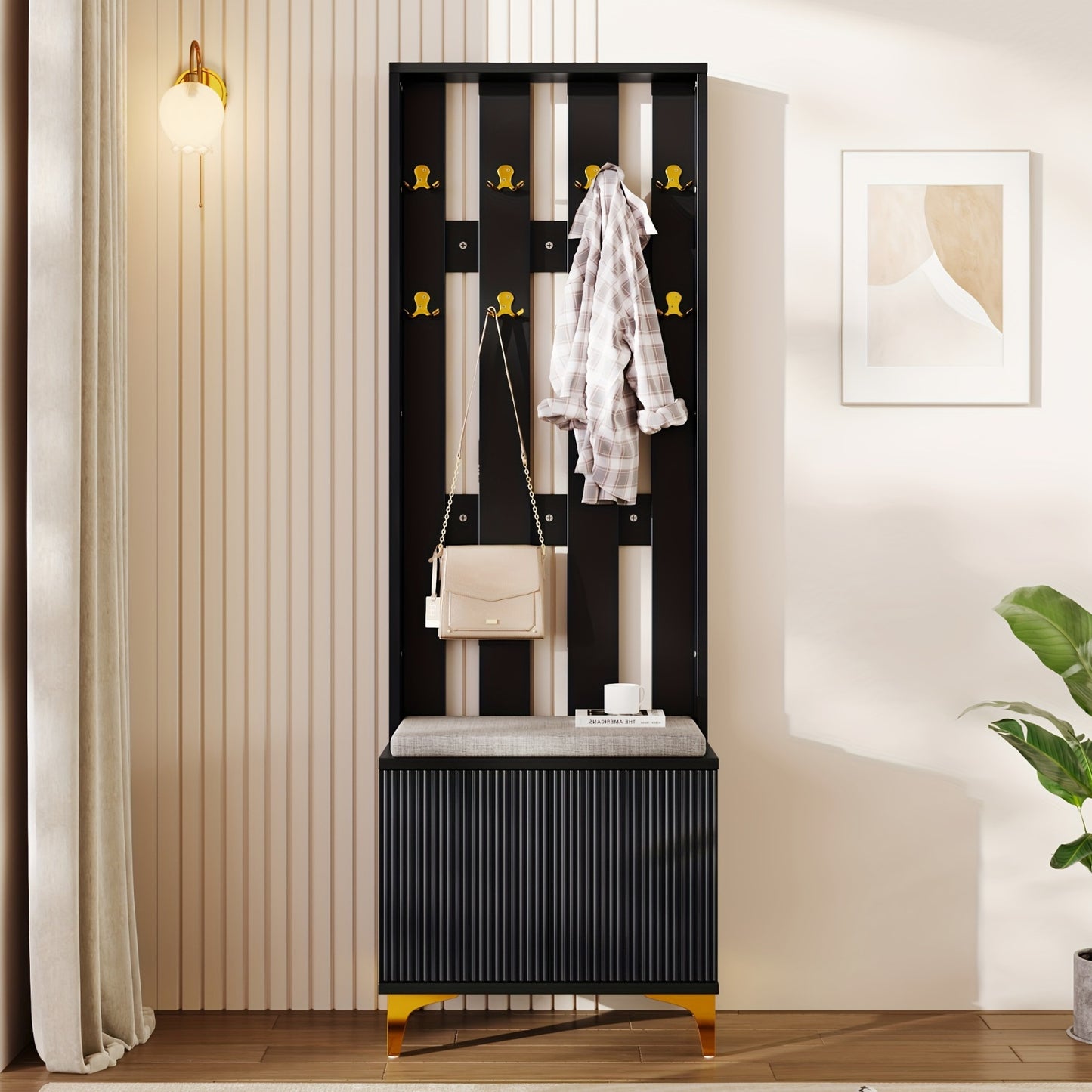 Kledingkast Set – Garderobe – Kapstok – Schoenenbank – Zitkussen – Houten Materiaal – Inclusief Haakjes
