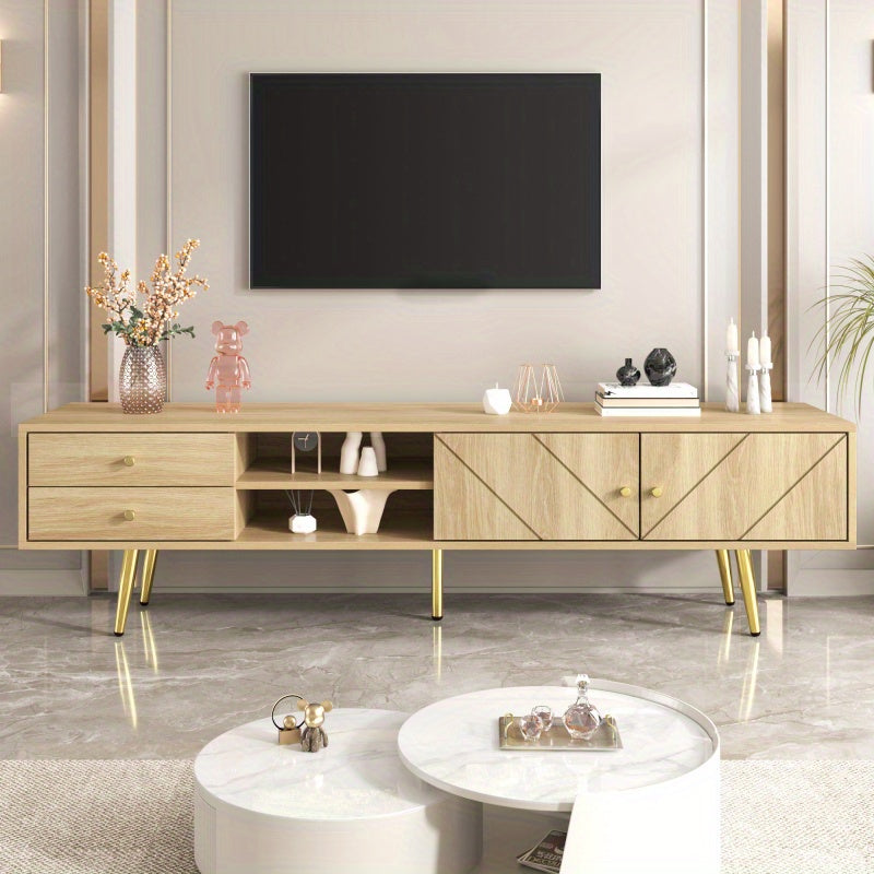 TV-kast – Tv-meubel – TV meubel – Mediameubel – Tv-dressoir – 160 cm breed – MDF en spaanplaat – Gouden metalen pootjes – Unieke schuine groefdeuren