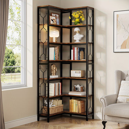 7-Lage Industriële Hoekboekenkast – Boekenkast, Plank, Boekplank, Hoekplank – Houten Planken Met Stalen Frame – Ruimtebesparend Modern Landelijk Design