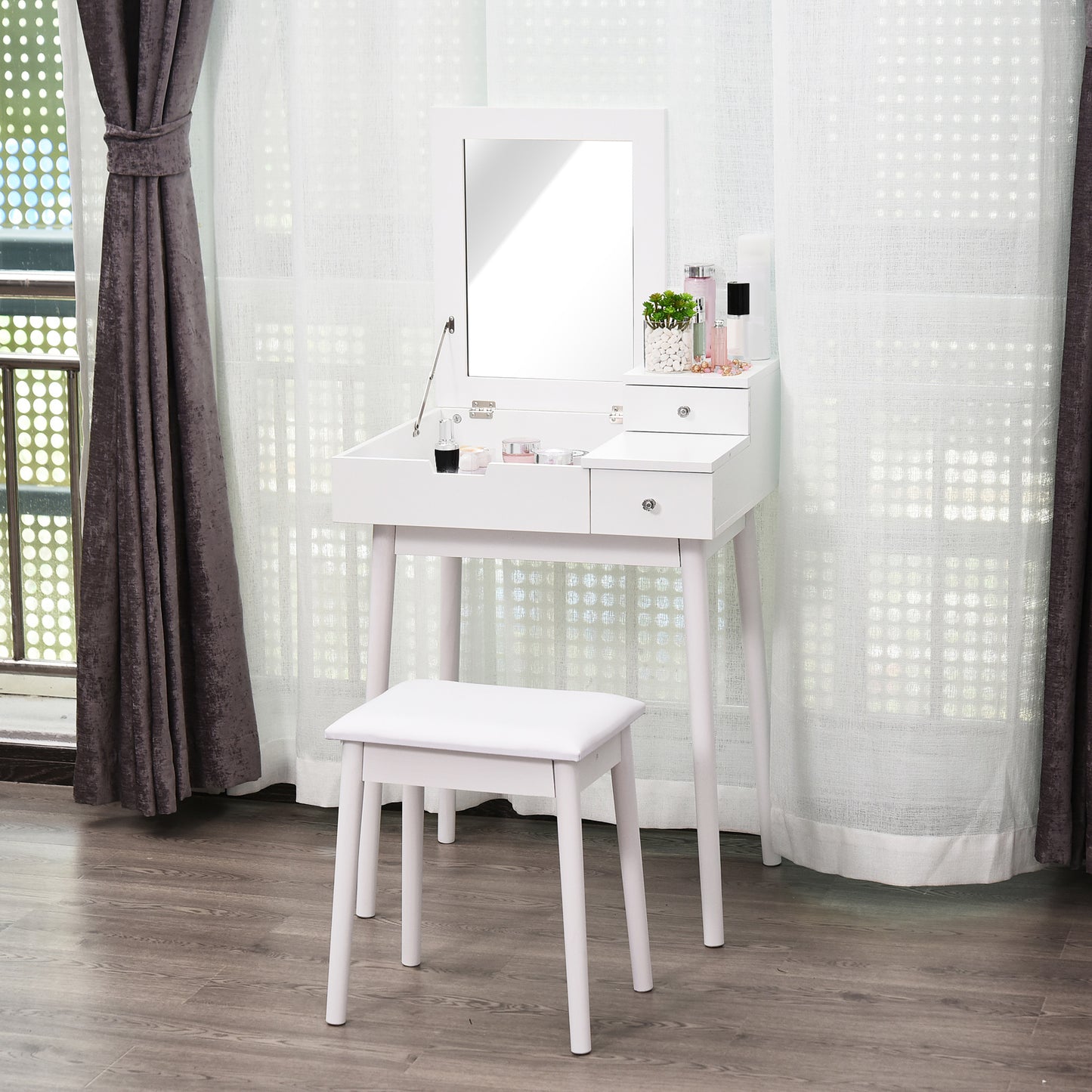 Make-uptafel – Make-uptafel – Kaptafel – Schminktisch – Toillet tafel – Wit MDF – Inklapbare Spiegel – Inclusief Krukje – Opbergruimte