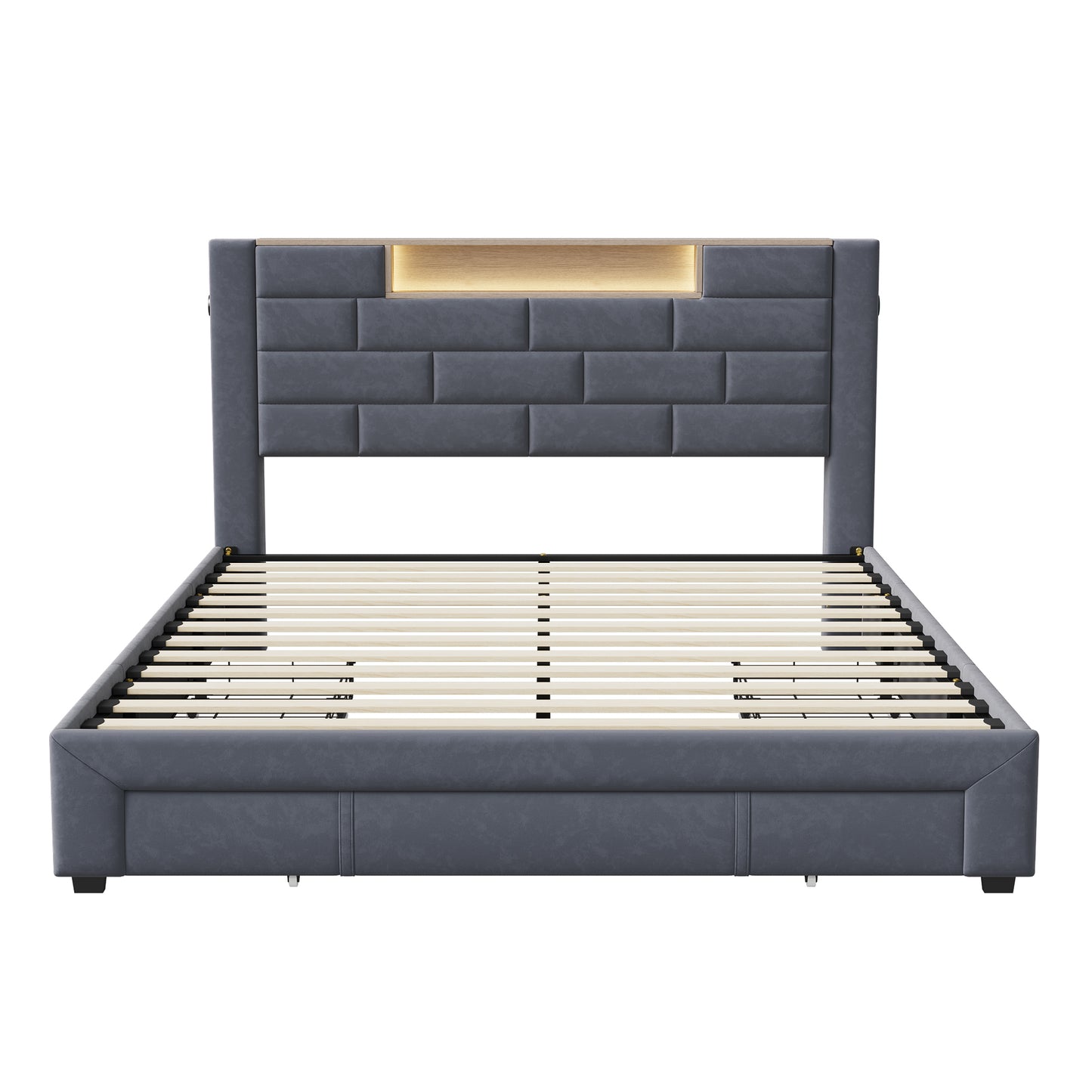 Tweepersoonsbed 140x200 cm – Bed Met Opberglades – Ladebed – Opbergbed – Velvet Bed – Grijs Bekleed – 3 Ruime Lades – Stevig Met Houten Lattenbodem